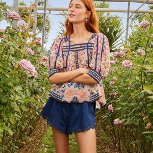 NWT Farm Rio navy blue richelieu belted premium linen shorts L